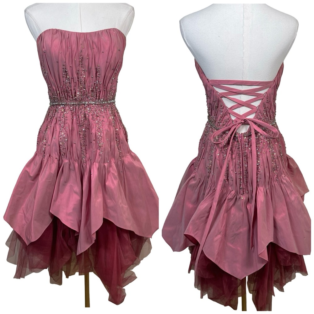 Vintage Precious Formals Dress Women 8 Pink Corset Back Beaded Tulle Y2K Fairy